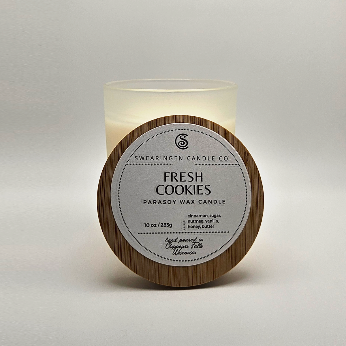 Fresh Cookies hand-poured parasoy candle in a frosted glass jar with bamboo lid - Swearingen Candle Co.