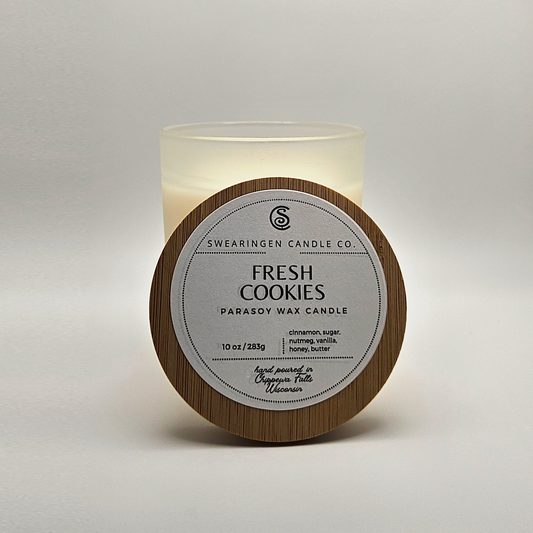 Fresh Cookies hand-poured parasoy candle in a frosted glass jar with bamboo lid - Swearingen Candle Co.